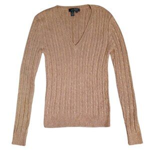 Lauren Ralph Lauren Gold Metallic Cable Knit Pullover Sweater Sz M Silk Blend